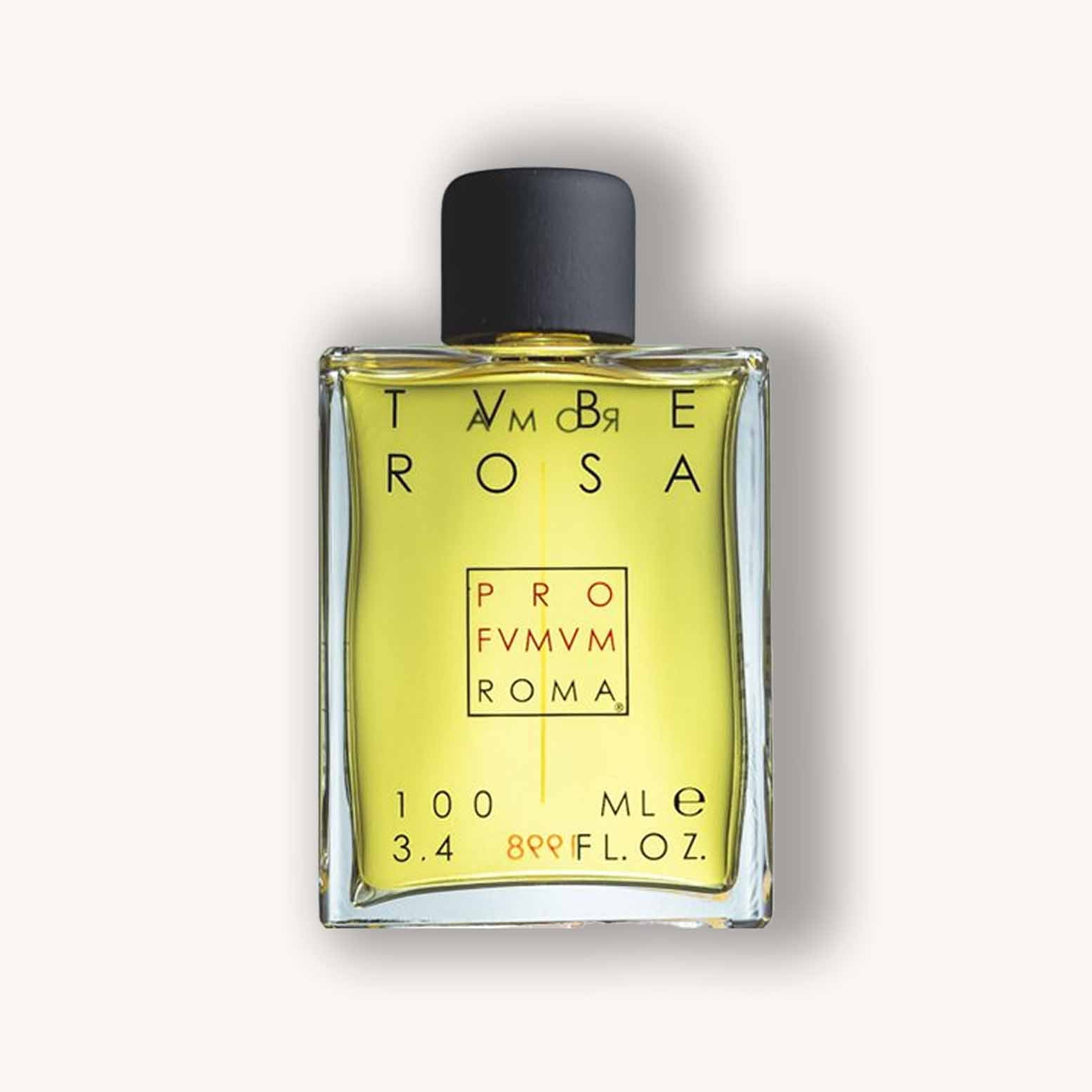Alt text: A glass bottle of Profumum Roma Tuberosa perfume, featuring an elegant design with gold lettering and a black cap. The bottle contains a vibrant yellow fragrance, evoking a sense of luxury and sophistication.