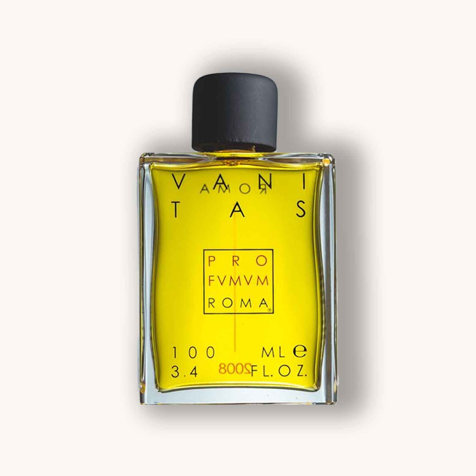 Alt text: A sleek glass bottle of Profumum Roma Vanitas perfume, featuring a minimalist design and a vibrant yellow liquid, with black lettering and a cap.