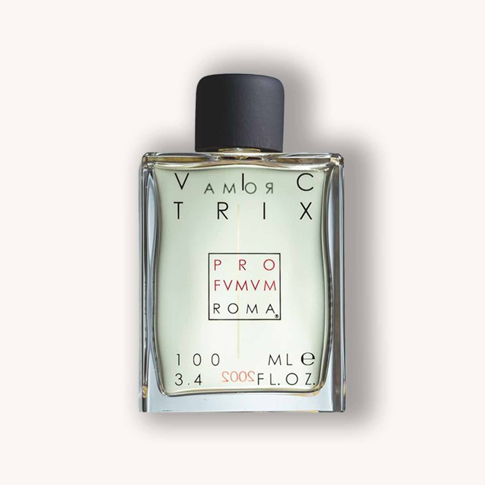 Alt text: A stylish bottle of Profumum Roma Victrix perfume, featuring a sleek, rectangular design with a black cap and elegant label, containing 100 ml of fragrance.