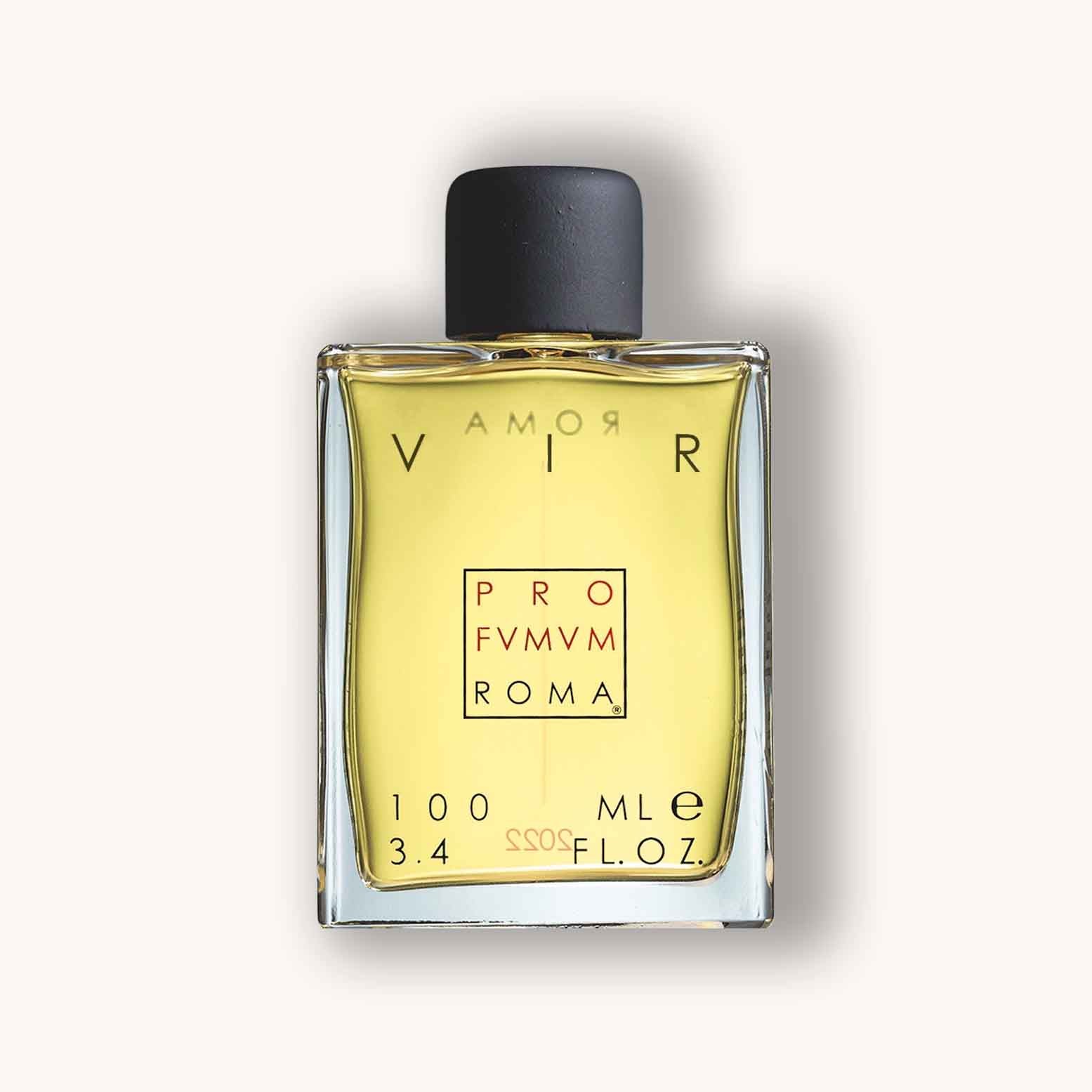 Alt text: A glass bottle of Profumum Roma Vir, featuring a sleek design with a black cap, containing a golden-yellow liquid. The label displays the brand name and volume of 100 mL.