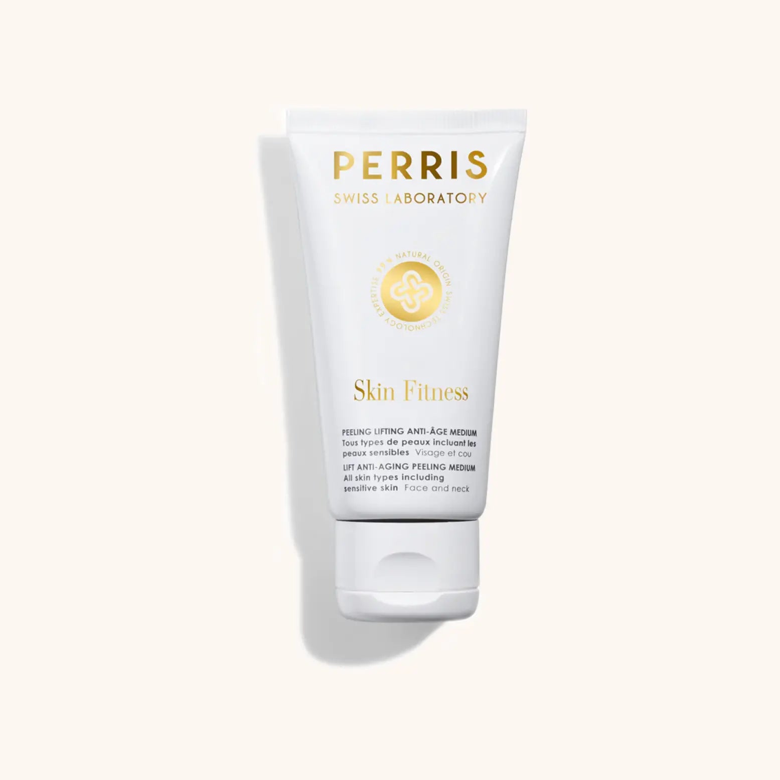 Alt text: Perris Swiss Laboratory Lift Anti-Aging Peeling Medium in a white tube, designed for lifting and rejuvenating skin. Ideal for sensitive skin, it is suitable for use on both face and neck.