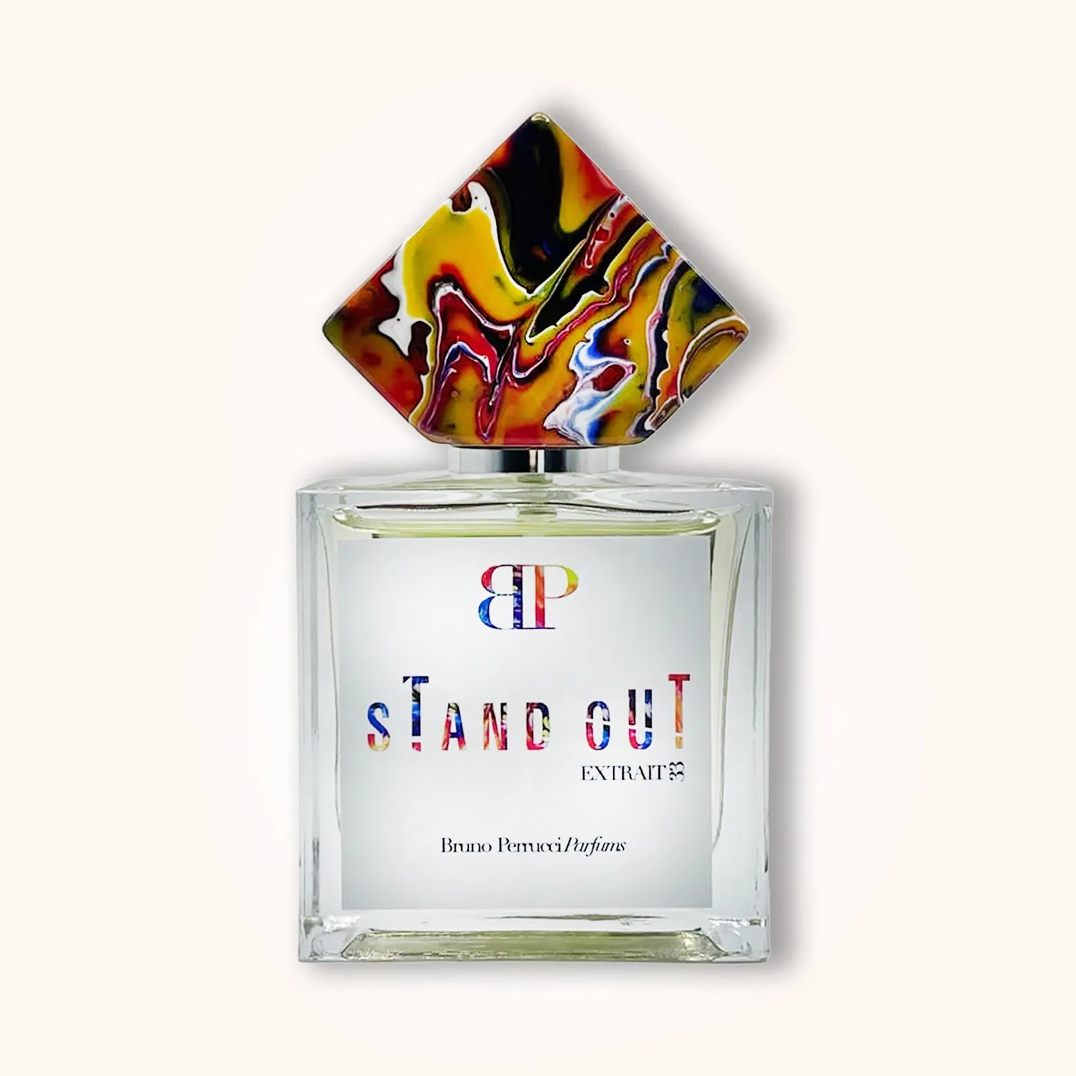 Alt text: A bottle of "Bruno Perrucci Stand Out" fragrance, featuring an elegant square design with a colorful, marbled cap. The label showcases the brand initials "BP" and the product name prominently.