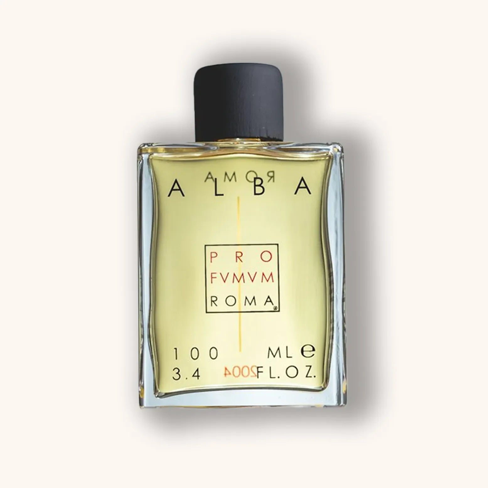 Alt text: A bottle of Profumum Roma Alba, featuring a rectangular glass design with a black cap, filled with a pale yellow fragrance. The label displays elegant typography in a minimalist style.