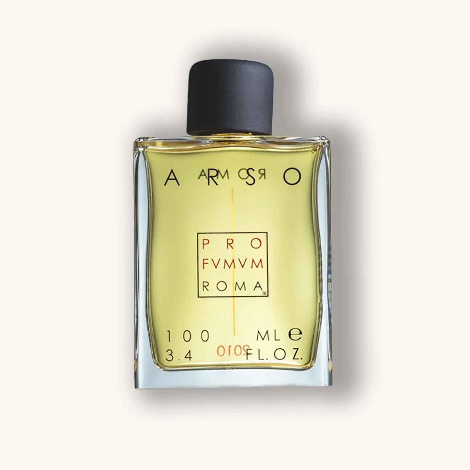 A bottle of Profumum Roma Arso, featuring a sleek, rectangular design with a black cap and a minimalist label in black and red. The fragrance is a warm, golden hue, housed in a 100 ml glass bottle.