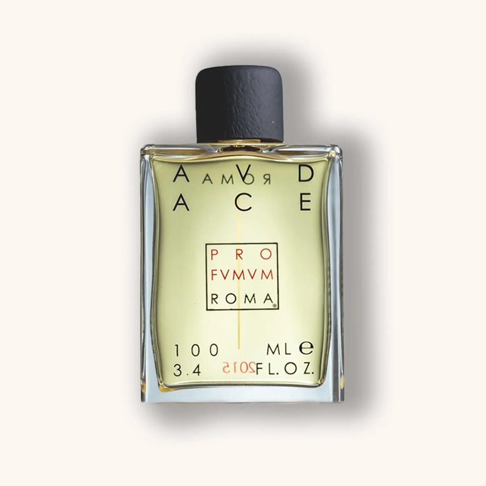 Alt text: A stylish glass bottle of Profumum Roma Audace perfume, featuring a minimalist design with a black cap and bold lettering. The bottle contains a golden-yellow fragrance and has a 100 mL capacity.