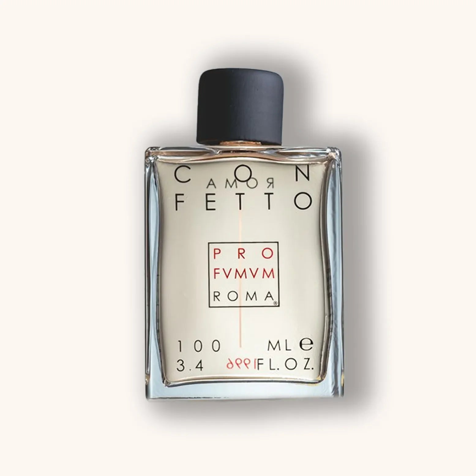 Alt text: A sleek, clear glass bottle of Profumum Roma Confetto fragrance, featuring minimalist black and red lettering on the front, containing 100 ml (3.4 fl oz) of the perfume.