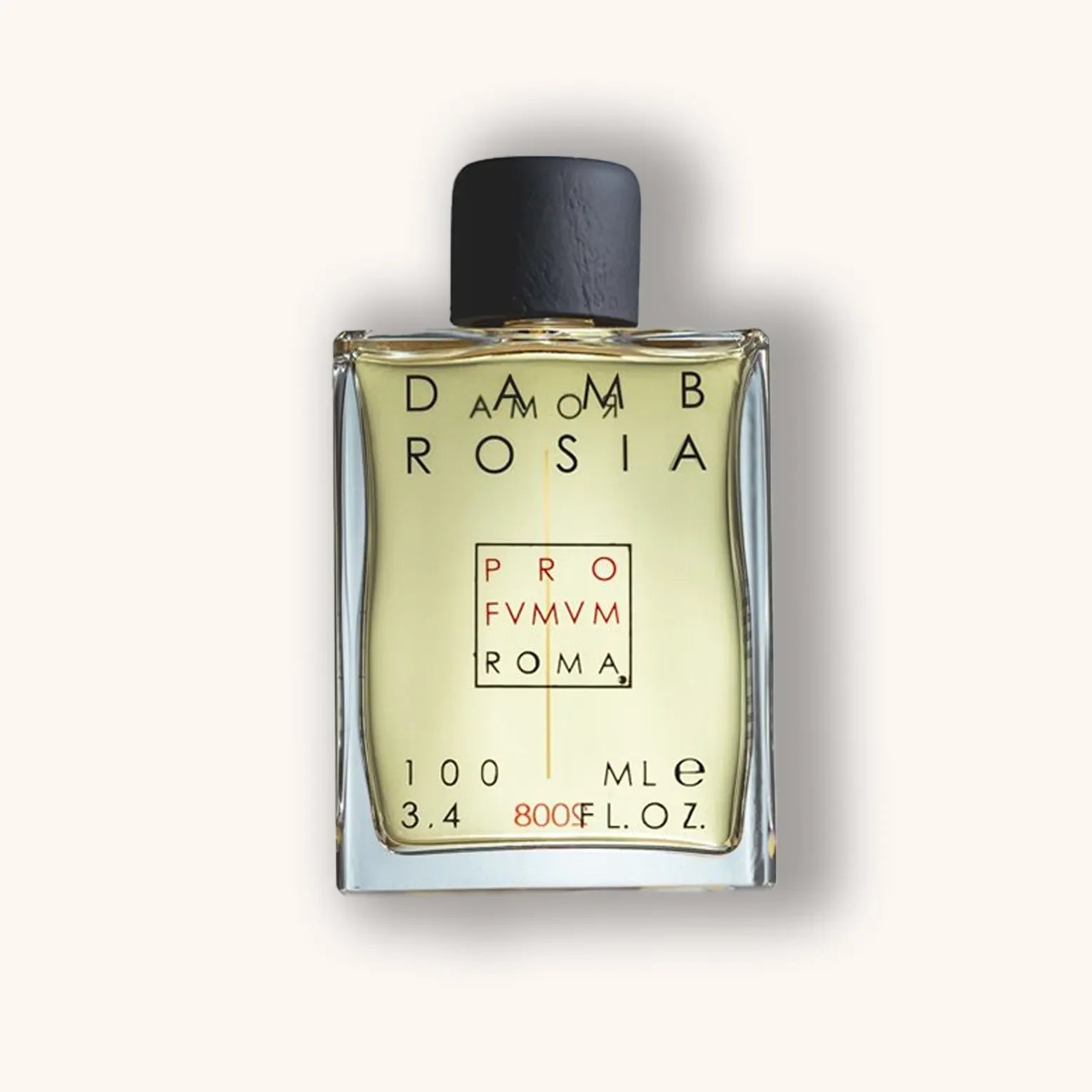 Alt text: A stylish bottle of Profumum Roma Dambrosia perfume, featuring a square design and minimalist label, containing 100 mL of fragrance. The bottle has a black cap and is elegantly displayed.
