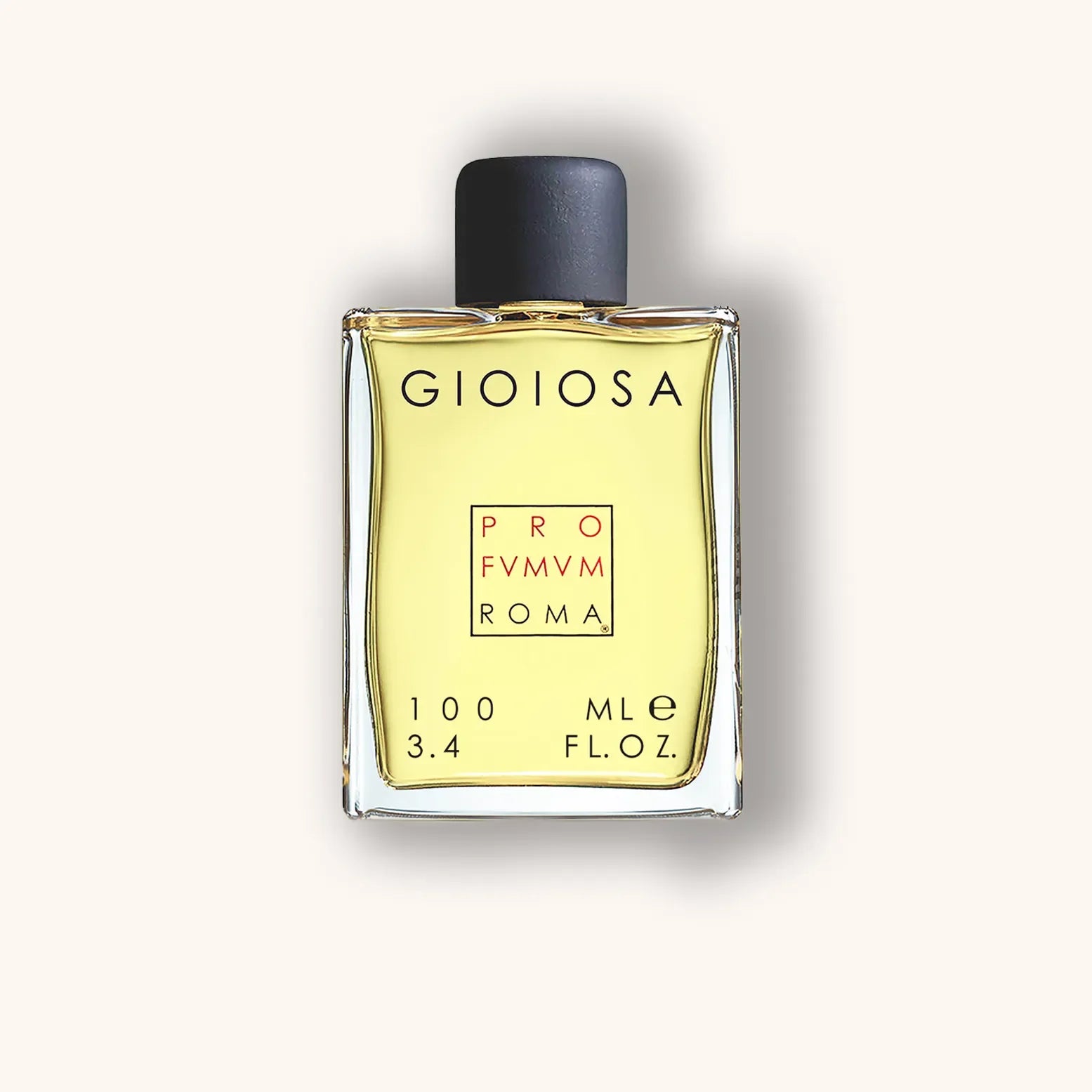 Alt text: A sleek glass bottle of Profumum Roma Gioiosa, featuring a minimalist design with a black cap and golden liquid inside, labeled with its name and volume of 100 mL.