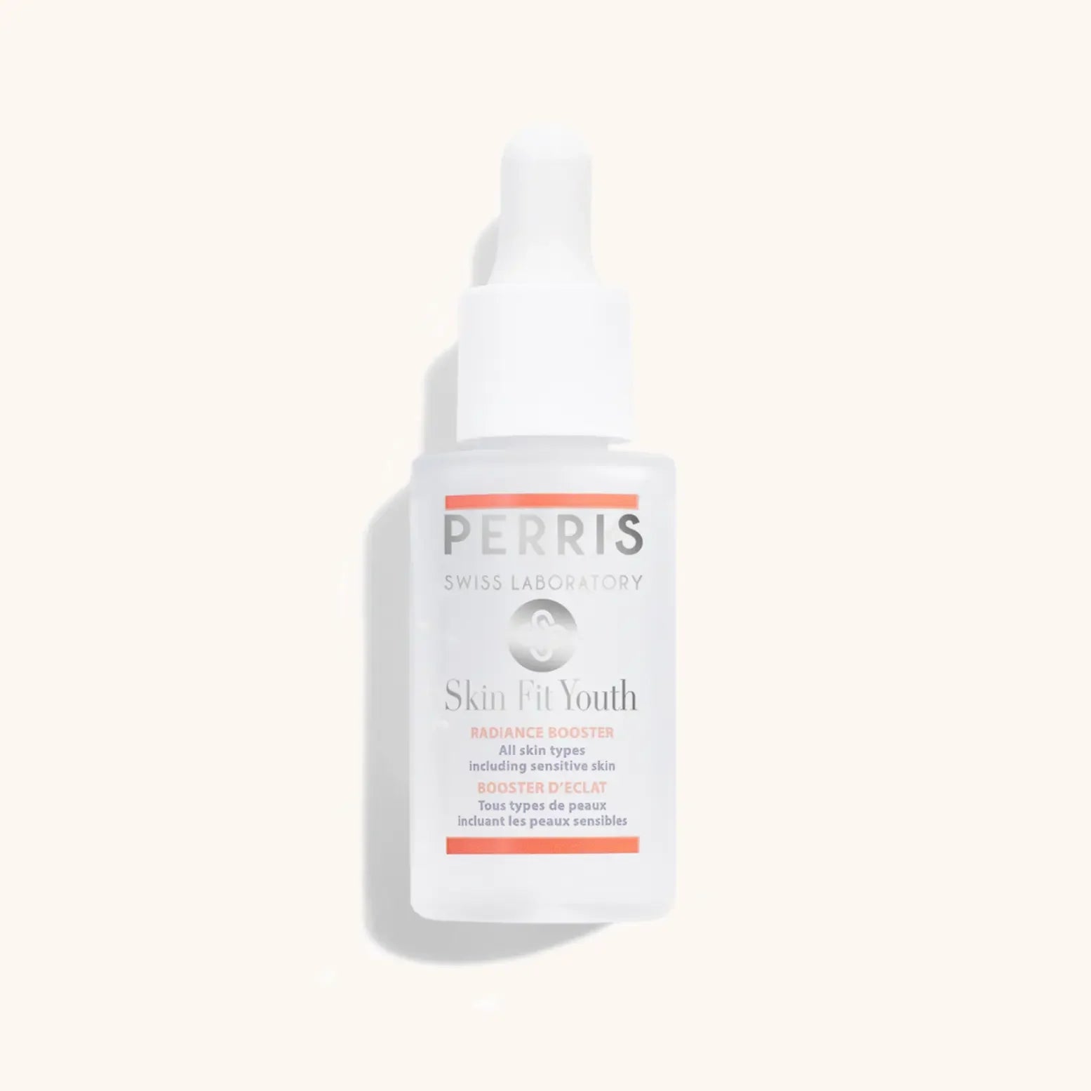 Alt text: A clear bottle of Perris Swiss Laboratory Radiance Booster, labeled "Skin Fit Youth," showcasing a dropper cap and designed for all skin types, including sensitive skin.
