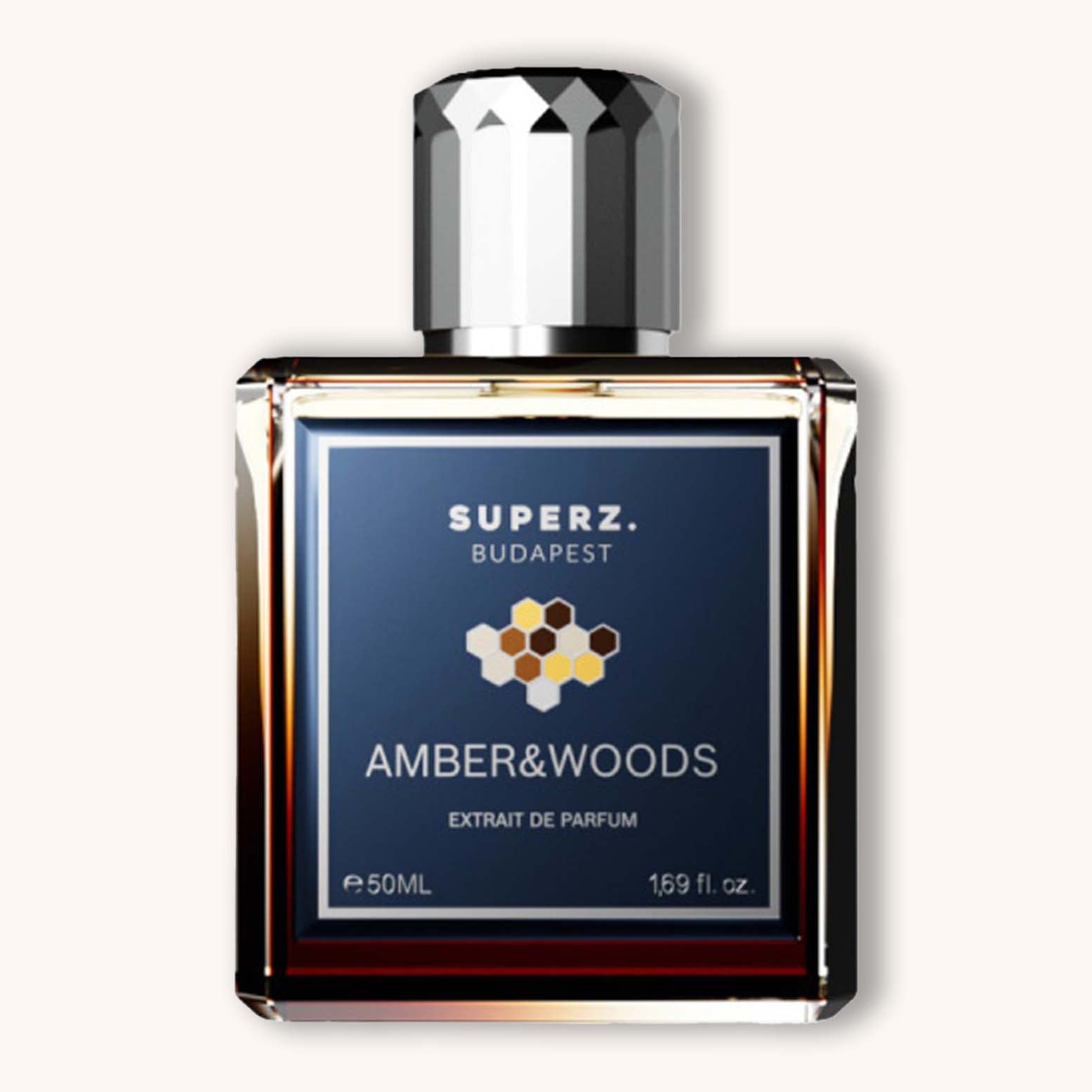 Alt text: A sleek bottle of Superz Amber & Woods perfume, featuring a dark blue label with a honeycomb design, and a clear glass body showcasing the amber liquid inside. The bottle holds 50ml of fragrance and has an elegant silver cap.