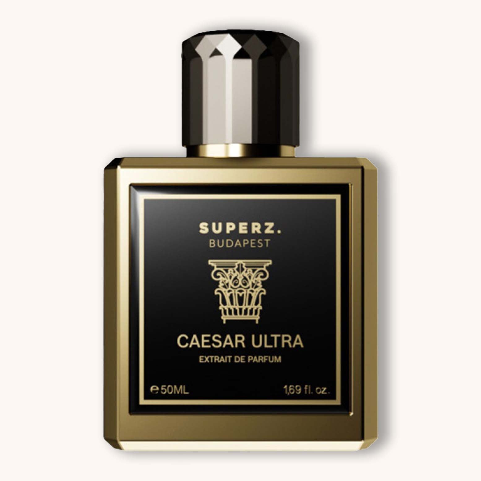Alt text: A sleek, luxurious black and gold bottle of Superz Caesar Ultra Extrait de Parfum, featuring a geometric design and a distinctive cap, holding 50ml of fragrance.