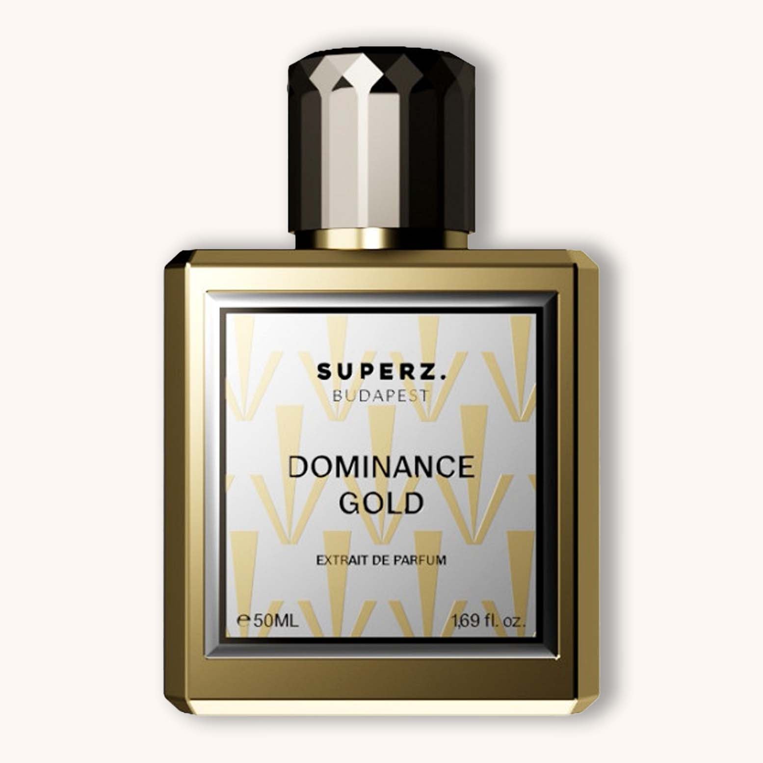 Alt text: A sleek glass bottle of Superz Dominance Gold perfume, featuring a stylish gold and white design, containing 50ml of extrait de parfum. The luxurious packaging emphaInhouds elegance and sophistication.