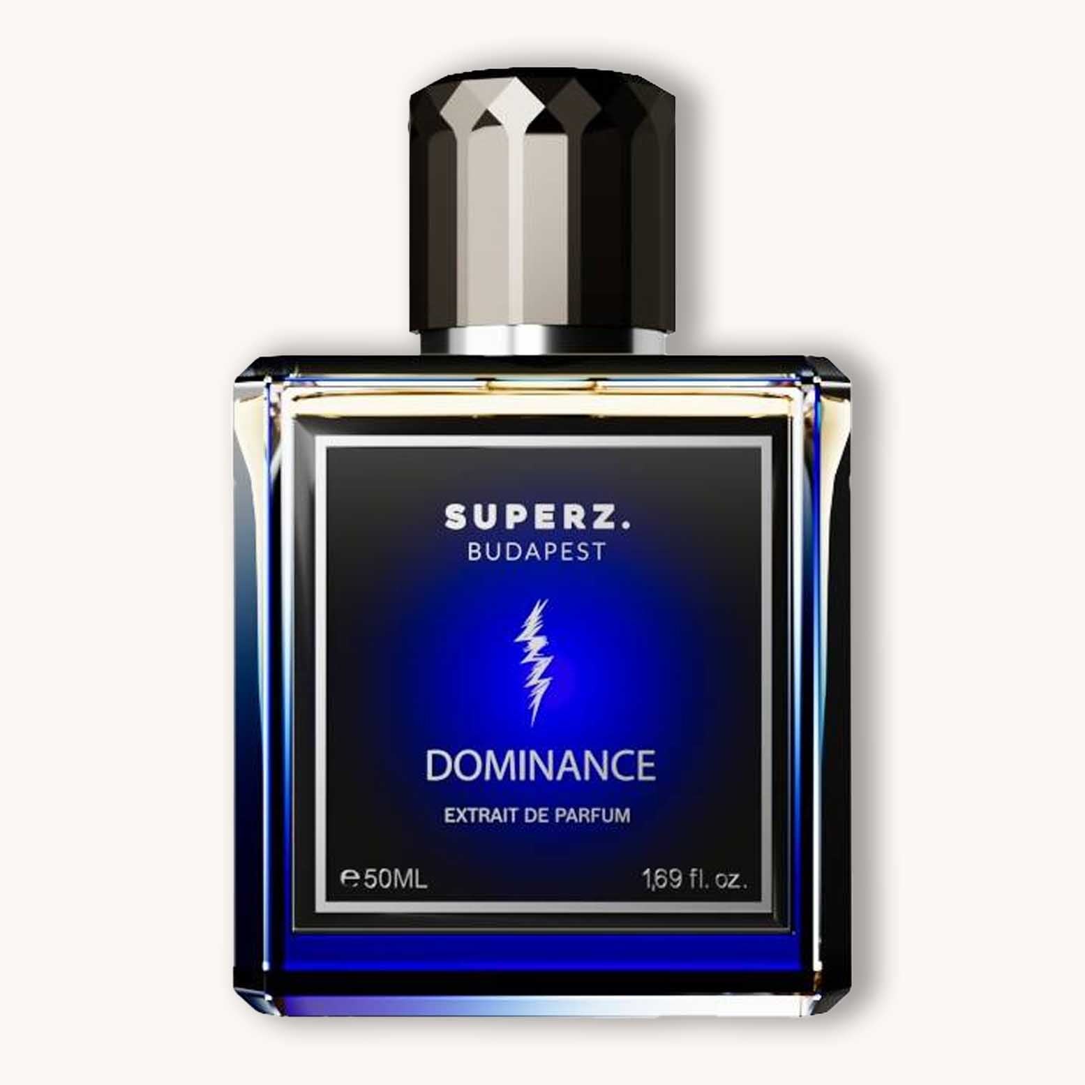 Alt text: A sleek bottle of Superz Dominance perfume, featuring a dark blue label with silver accents and a striking lightning bolt design, encapsulating 50ml of extrait de parfum. The bottle has a geometric cap and an elegant, modern aesthetic.