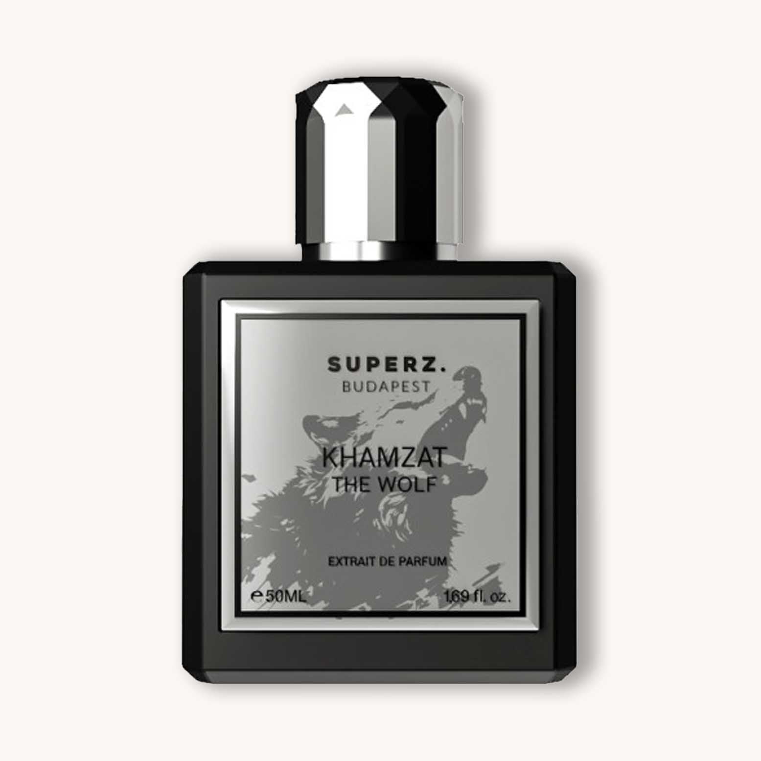 Alt text: A sleek black perfume bottle labeled "Superz Khamzat the Wolf" featuring a silver cap and a striking wolf graphic. The bottle contains 50 ml of extrait de parfum.