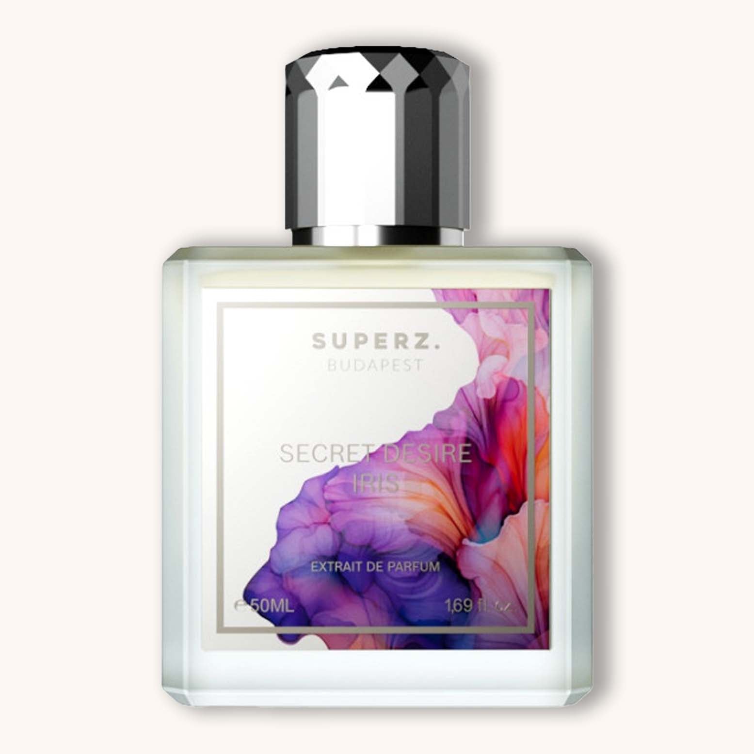 Alt text: A stylish glass bottle of Superz Secret Desire Iris perfume, featuring a vibrant Bloemig design and silver cap, containing 50ml of fragrance. The label indicates it's an extrait de parfum.