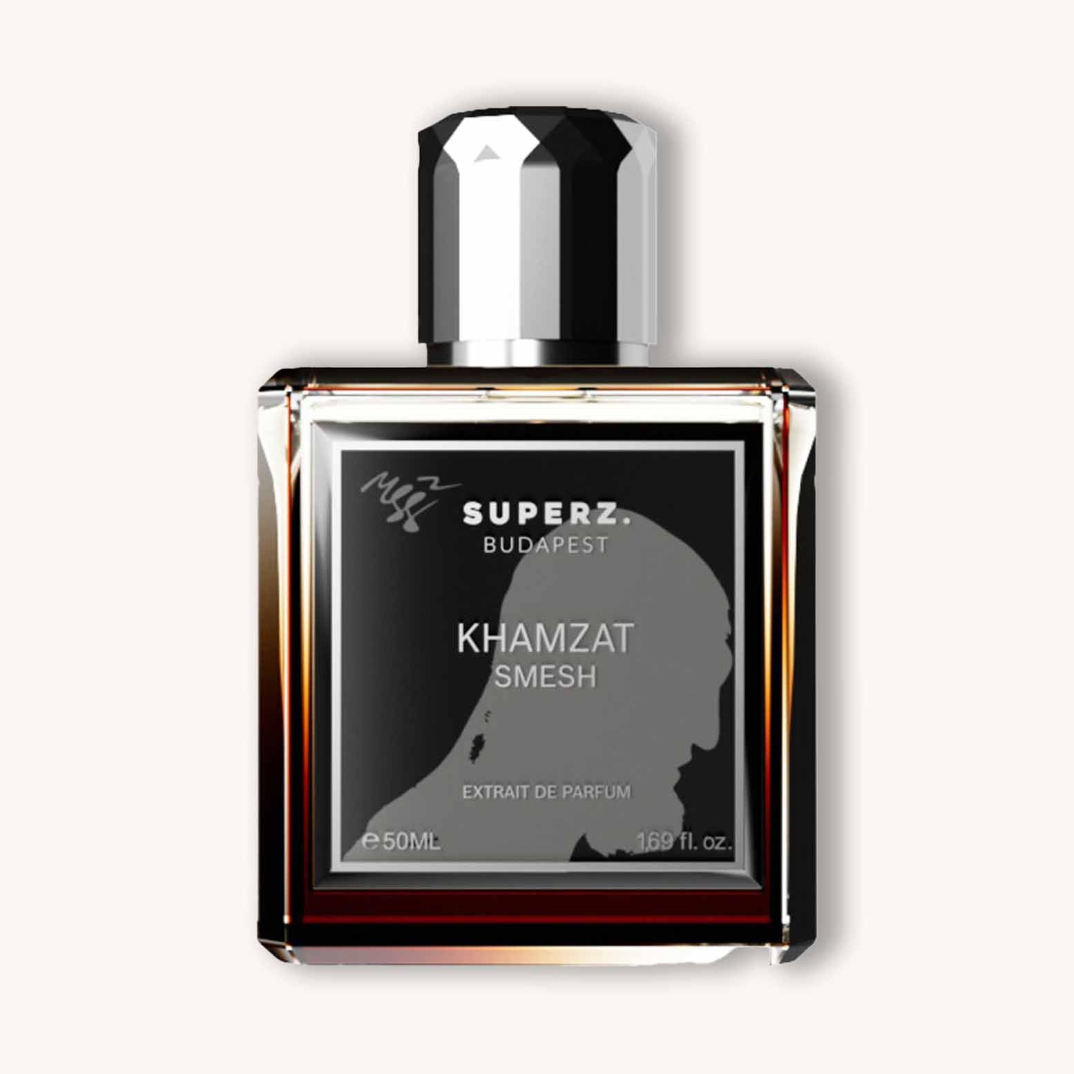 Alt text: A sleek perfume bottle labeled 'Superz Khamzat Smesh,' featuring a silhouette design and a stylish cap. The bottle contains 50ml of extrait de parfum.