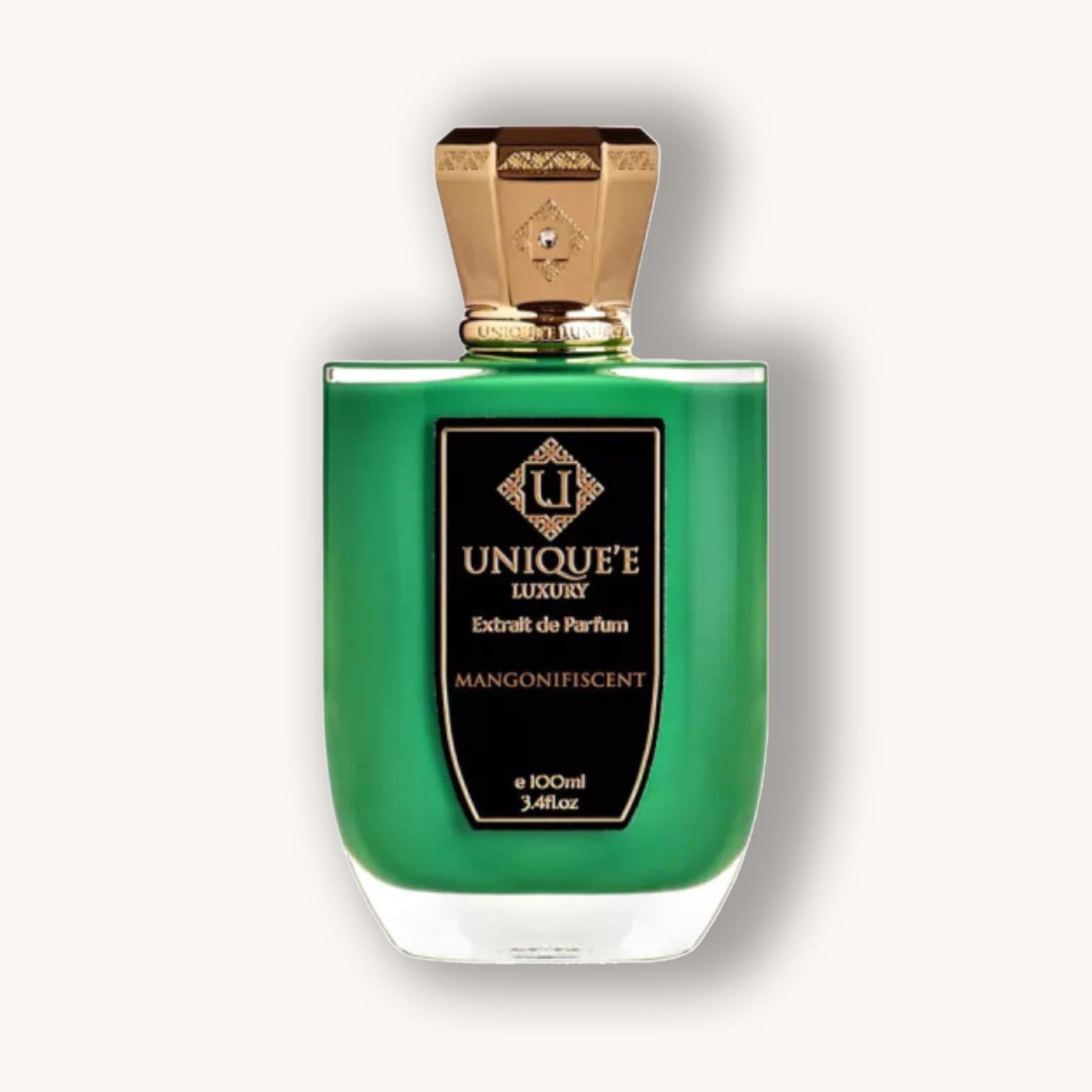 Alt text: A luxury green perfume bottle labeled "Unique'e Luxury Extrait de Parfum Mangonifiscent," featuring an ornate gold cap and elegant design, highlighting its premium quality.