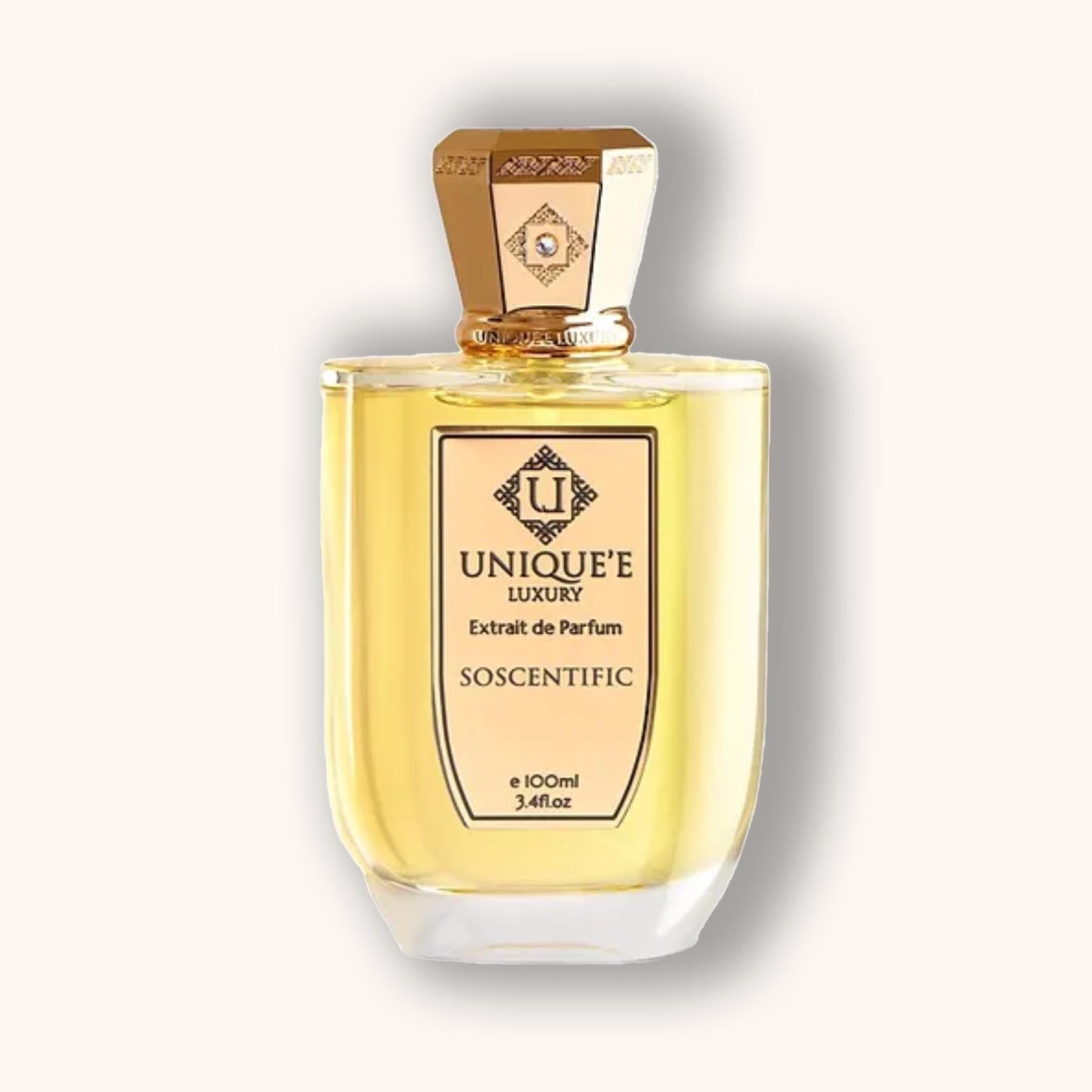 A perfume bottle of Unique'e Luxury SoScentific.